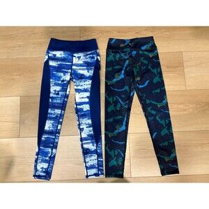 Lot of 2 Zella Girls Leggings Size M (8/10) Blue & Green Abstract Pattern Yoga P